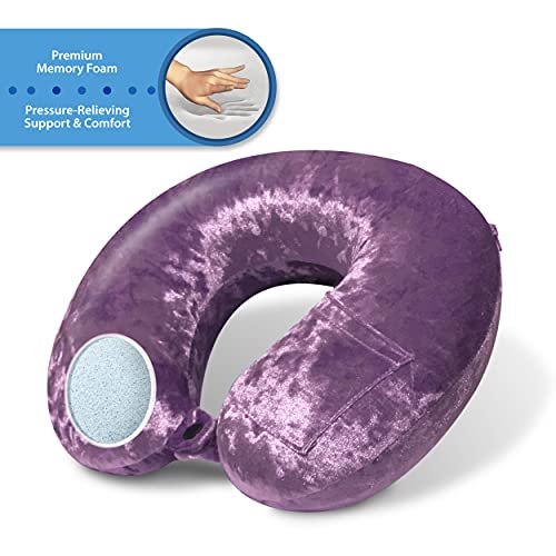 Cloudz Crushed Velvet Ultra Premium Comforlite Memory Foam Airplane Travel Neck Pillow with Matching Luxuriously Soft Black Out Sleep Mask - Purple