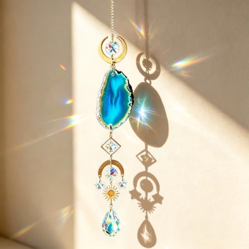 Crystal Suncatcher Hanging for Window, Tree of Life Sun Catcher with Prisms and Agate Slices, Garden Suncatchers for Home Outdoor Wedding Decor, Lemon Yellow