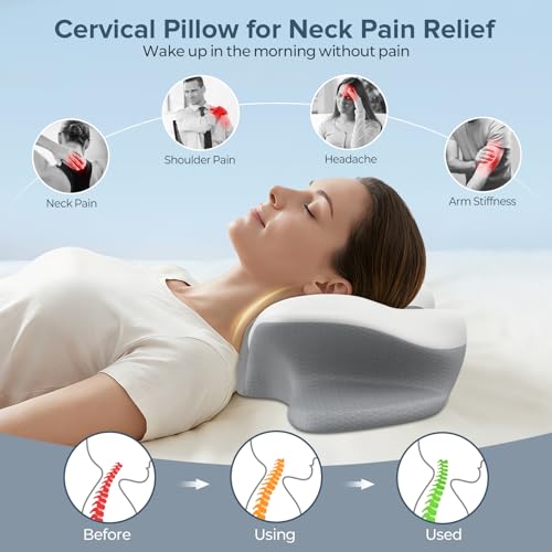 Cervical Neck Pillow for Pain Relief, Ergonomic Side Sleeper Pillow for Sleeping, Orthopedic Neck Support Contour Memory Foam Pillow for Side Back Stomach Sleepers, Ideal for Office Travel Grey&white