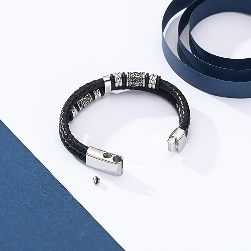 constantlife Viking Thor's Hammer Cremation Bracelet for Ashes for Men Braided Leather Wristband Cuff Bangle Memorial Urn Jewelry Funeral Keepsake Gift Celtic Beads-Silver 20cm