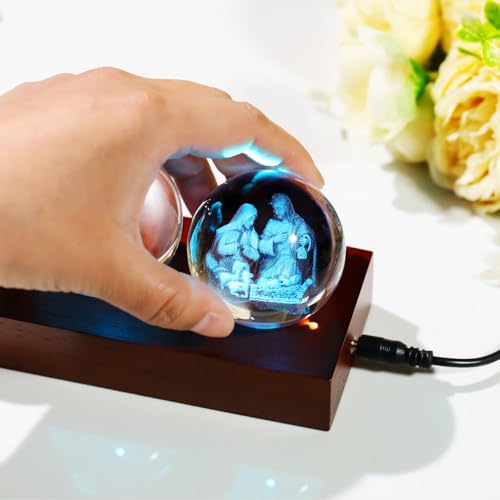 YWHL Religious Christian Gifts for Women Men, 3D Crystal Religious Ball Religious Balls + Colorful Lights (Dark Base)