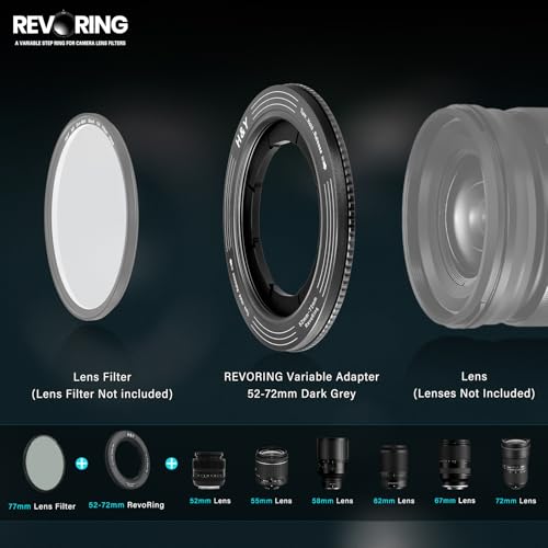 H&Y RevoRing Adjustable 52-72mm to 77mm Step Up Ring for Filters | 52-72mm to 77mm Variable Step Up Ring, Secure Turn-Hold Lock, Lens Filter Adapter Ring, Aluminum, Titanium Gray Dark Gray