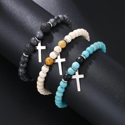 YANCHUN Cross Beaded Bracelet for Men Christian Gift Mens Cross Charm Bracelets Adjustable Jesus Faith Religious Easter Catholic Communion Baptism Christmas Jewelry Gift for Men A1