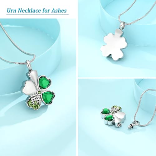 Lucky Four Leaf Clover Urn Necklace for Ashes Cremation Jewelry for Women Men Stainless Steel Memorial Necklaces Ash Holder for Human Pets Keepsake Jewelry for Loved Ones with Fill Tool Silver