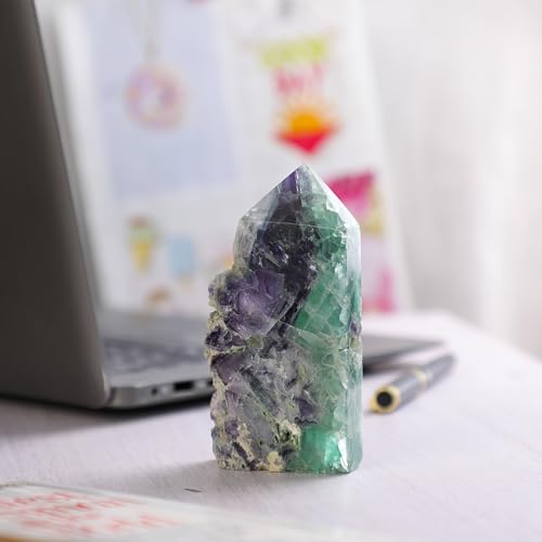 TUMBEELLUWA Rainbow Fluorite Crystal Obelisk Tower for Healing Wiccan 351-530 g