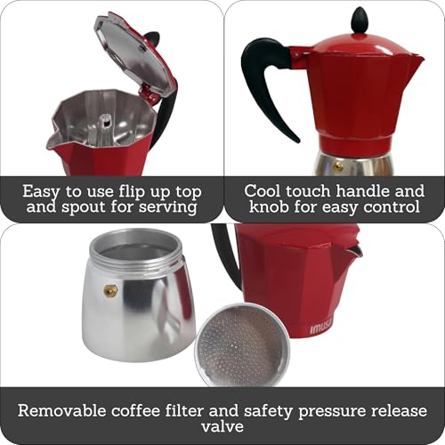 Imusa USA Red Aluminum Stovetop 6-cup Classic Italian and Cuban Espresso Maker (B120-43T), Silver/Red 6 Cup