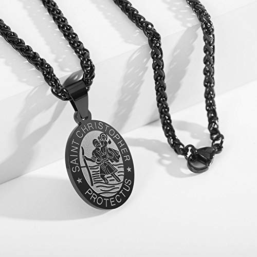 P. BLAKE Oval Saint Christopher/Michael/Joseph/Jude/Virgin Mary/Joseph/Francis/Patrick/Anthony/Benedict/Thomas Necklace for Men Women, Stainless Steel Catholic Patron Pendant with Chain 24 Inches Black St.Christopher