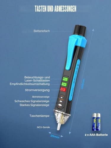 A1 Non-Contact Voltage Tester / Current Tester Non-Contact Range AC 12-1000V/48V-1000V, Live/Zero Wire Tester, Electric Tester with Torch, Summer Alarm Blue