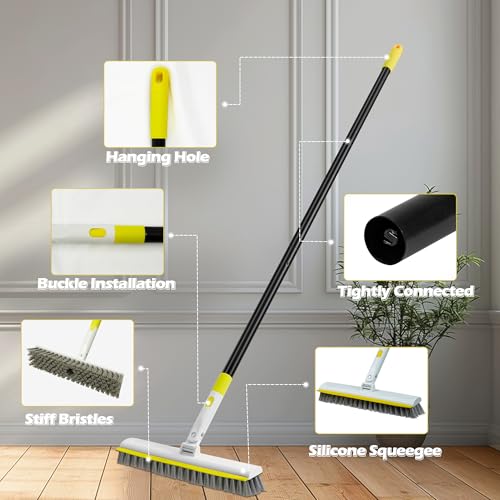Floor Scrub Brush with 127CM Long Handle for Cleaning, 2 in 1 Scrape Scrubber Brush with Squeegee, 180° Rotating Tile Tub Scrub Brushes Attachment for Clean Bathroom Deck Kitchen and Wall