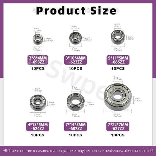 Swpeet 60Pcs 6 Sizes 693ZZ, 623ZZ, 624ZZ, 685ZZ, 687ZZ,627ZZ Ball Bearings Assortment Kit, Carbon Steel Deep Groove Bearings, Double Shielded Bearings