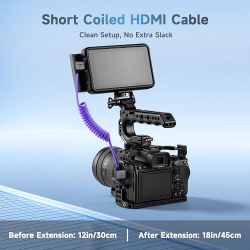 Uonecn Right Angle HDMI 2.1 Cable for Camera, 48Gbps 8K Braided Coiled HDMI for Atomos Ninja V, Portkeys BM5, Short HDMI Cable for Sony A7iv, Z-CAM F6, Z-Cam E2 Pro Cameras, Purple, Left to Right Left to Right Angle