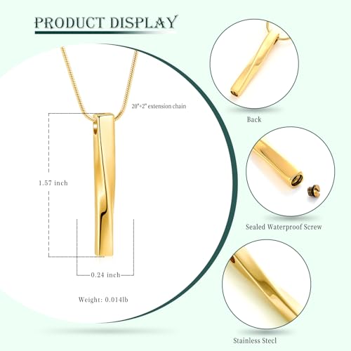Ashes Urn Necklace Cremation Jewelry Necklaces Unisex Twist Bar Urn Necklaces for Ashes Memorial Keepsake Pendant for Women Men With Funnel Kit & Bag Gold