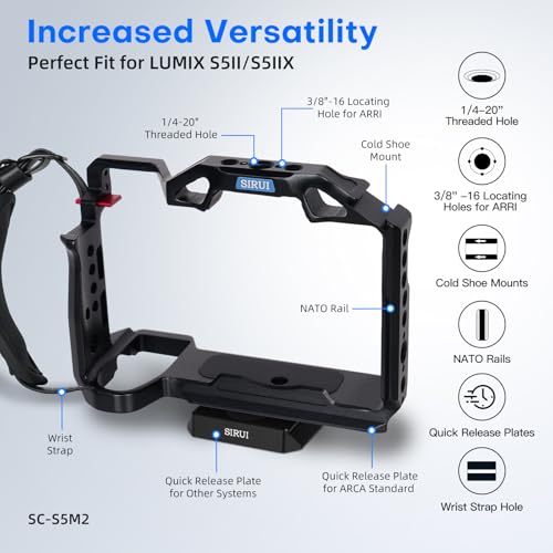 SIRUI S5II S5IIX G9 II Camera Cage with Wrist Strap, Full Cage for Panasonic LUMIX S5II S5IIX G9 with Built-in Plate for Arca, NATO Rail, Cold Shoe, Multi Threads, and 3/8" Locating Holes for ARRI Cage for S5II etc.