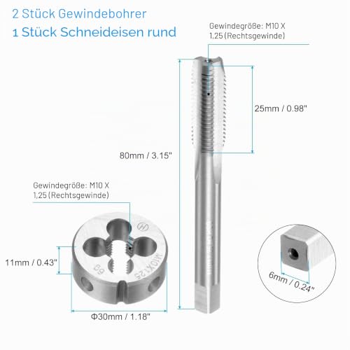 QUARKZMAN Tap and Die Set M10 x 1.25 Set of 2 Machine Taps / 1 x Die Set | For thread and thread cutting, for repairing nuts, taps, round die