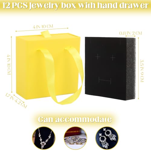 Luxury Jewelry Gift Box,12 Pack Velvet-Lined Jewelry Organizer Compact Drawer Jewelry Box for Earrings & Rings,2 in 1 Jewelry Gift Box Drawer Style with Handle Rope,3.9x3.9x1.65 inches (Yellow) Yellow
