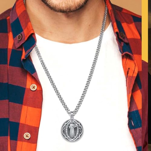 INFUSEU St Christopher/St Michael/St Benedict/Saint Jude//Virgin Mary Miraculous Medal Jesus Cross 7 Archangels Seal 925 Sterling Silver Pendant for Men Women Saints Necklace Religious Amulets 01-Saint Benedict 3