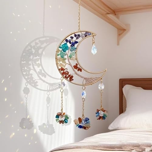 Colorful Crystal Moon Suncatcher for Window 7 Chakra Hanging Tree of Life φ 1.77 inch-Colorful Moon Suncatcher