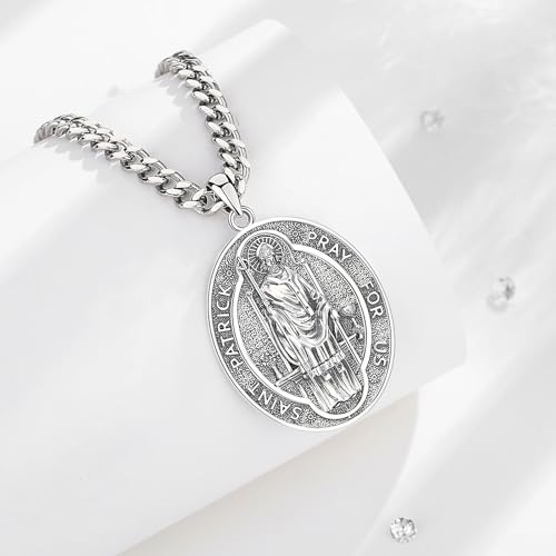INFUSEU St Patrick Necklace Saint Patricks Day Jewelry Irish Gifts Clover Pendant Medal for Men Women 925 Sterling Silver Religious Catholic Christian Medallions Oval