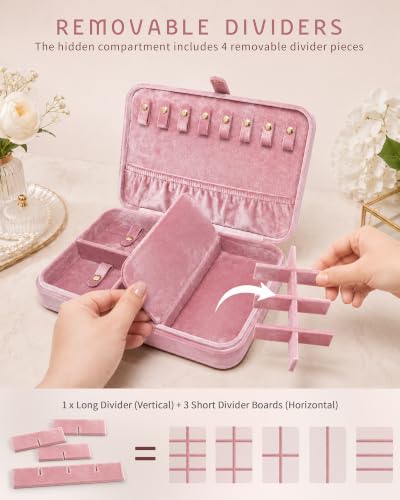 VELORIA Travel Jewelry Organizer with Hidden Compartment, Rose Pink Velvet