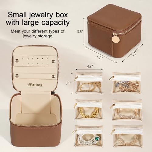Travel Jewelry Case Organizer - Compact PU Leather Jewelry Box with 6 Small Portable Velvet Jewelry Pouches & 2 Inner Lid Slots for Rings Earrings Necklaces Bracelets,Ideal Gift for Women Girls(Brown) brown