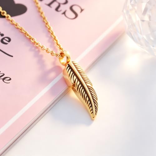SIYUU Feather Urn Necklace Hold Cremation Ashes Keepsake Memorial Jewelry Stainless Steel Personalized Funeral Jewelry for Women Men Gold