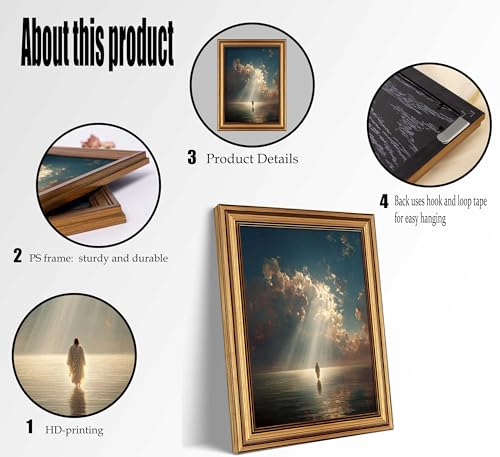 Gold Framed Jesus Canvas Wall Art Jesus Walking on Water Painting Picture Wall Decor Christian Religious Modern Prayer Poster Print Artwork for Prayer Room Living Room Bedroom Home Decoration 16"L x 12"W