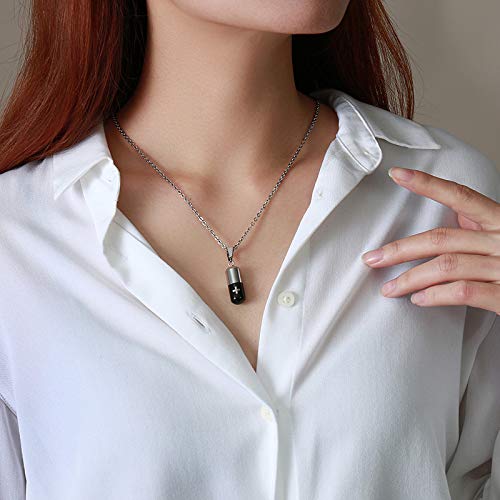 Rockyu Cross Capsule Necklace for Men Gold Black Engraved Cross Stainless Steel Memorial Keepsake Pendant 20 Inch Chain