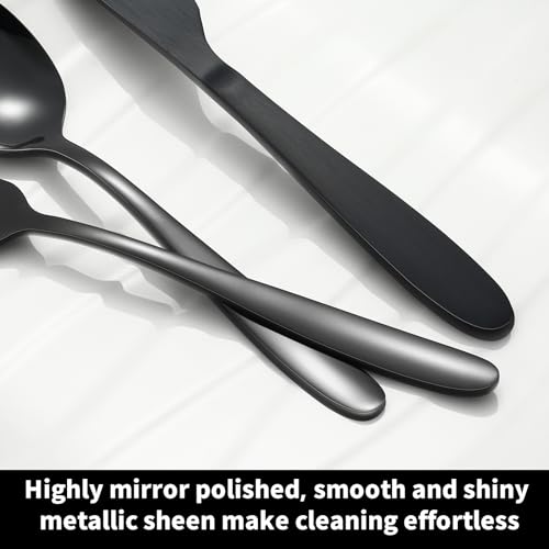 Stainless steel black dinner forks and spoons set with 24 pieces from Amafox, ideal for family meals and gatherings.