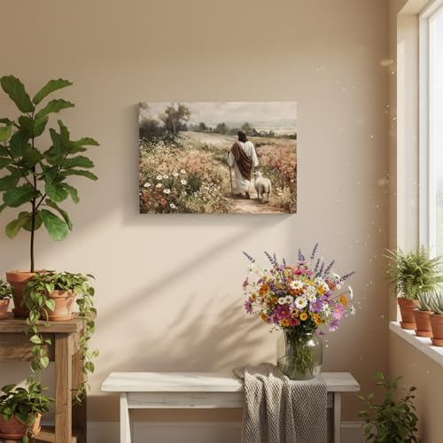 Jesus and Lamb Canvas Wall Art Christian Pictures Wall Decor God Catholic Painting The Lost Sheep Bible Stories Religious Spiritual Artwork for Church Bedroom Living Room Home Decor 12x16 in Framed Sheep and Jesus Wrapped Canvas 16"L x 12"W