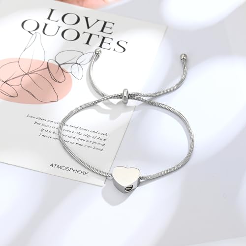 zeqingjw Heart Cremation Bracelet for Ashes Urn Jewelry for Women Stainless Steel Adjustable Memorial Bangle Loved Ones Funeral Keepsake Gift Silver
