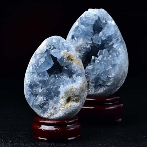 Natural Blue Celestite Geode Egg Healing Crystal Stone Collection Mineral Specimen with Stand Home Office Decor 0.6-0.8 Pound Dark Blue