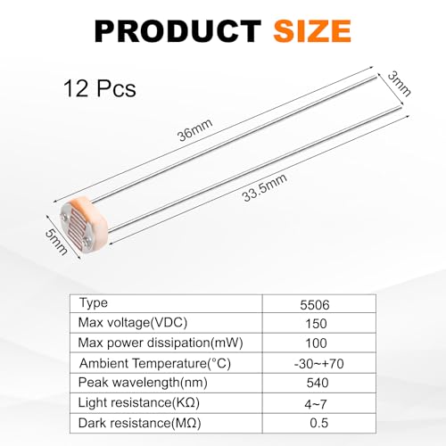 sourcing map 12 Pieces Photoresistor Kit 5mm Light Dependent Resistor (LDR) Light Sensitive Resistor Passive Components for DIY Industrial Experiments, GL5506 4~7KΩ