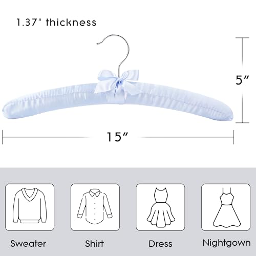 Women's Satin Padded Hangers - 15" Foam-Filled Wooden Clothes Hangers with No Shoulder Bumps, Bow Accent, for Sweaters, Blouses, Dresses - 5 Pack (Light Blue)
