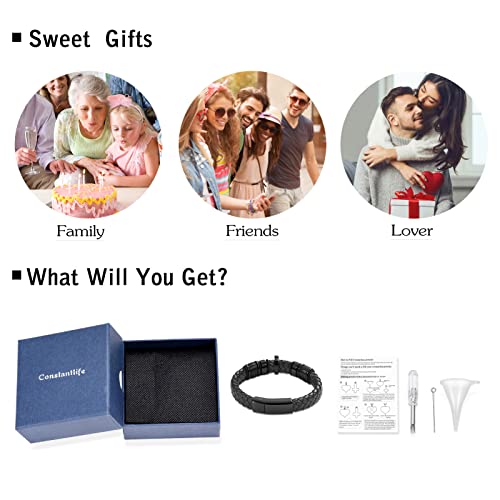 constantlife Cross Cremation Bracelet for Ashes Stainless Steel Urn Memorial Jewelry Braided Leather Wristband Bangle Faith Religious Christian Keepsake for Men Women Black 22cm