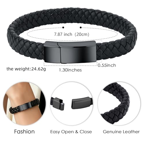 Cremation Jewelry Urn Bracelet for Ashes Leather Urn Memorial Bangle Ashes Keepsake Memorial Cuff Bangle Braided Wristband Bracelet for Women Men Black 20CM/7.87"