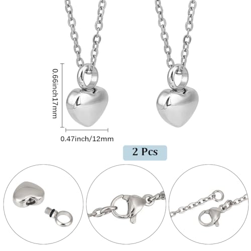 CREATCABIN 2 Packs Small Heart Cremation Jewelry Urn Necklaces, 1.2x1.7cm Silver