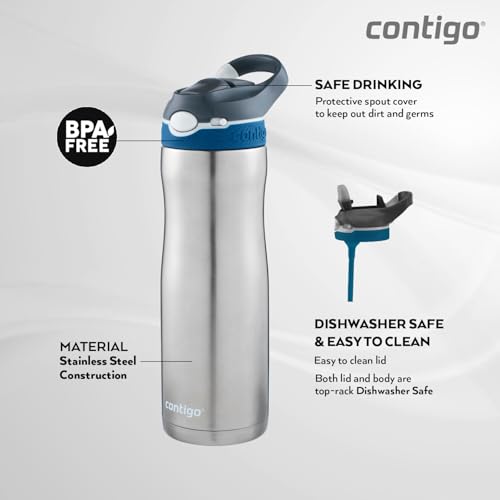 Contigo Ashland Chill Autospout Water Bottle with Flip Straw, Stainless Steel Thermal Drinking Bottle,Leakproof,Grey, BLue, 590 ml Grey, B Lue