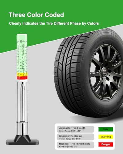 GODESON fluorescent color-coded tire tread depth gauge with pocket clip, 1/32-inch measurement, pack of 10