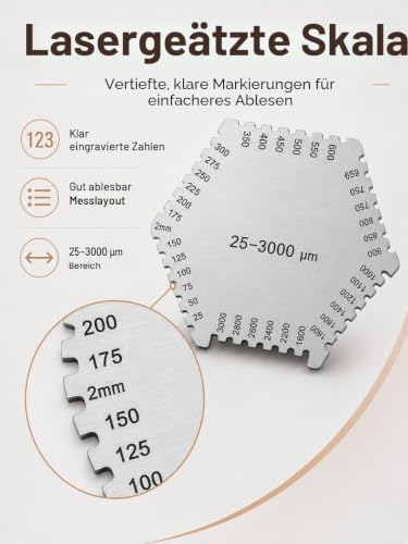 Wet Film Comb, Stainless Steel, 25-3000 µm Hexagon High Precision Wet Film Thickness Gauge Gage, Wet Film Thickness Gauge with Black Housing for Measuring Paint Layer Thickness