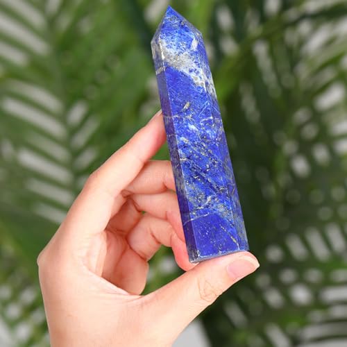 ZHIYUXI 3.7-4" Lapis Lazuli Healing Crystals Wands Crystal Tower Hexagonal Pointed Crystal Wand Stone Large Crystals Reiki Energy Balancing Meditation Therapy Gemstones Decoration Gifts 1 Pc