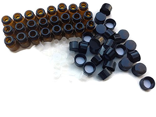 1/4 Dram (1ml) AMBER Glass Vial (144)- Flat Black Screw Cap w/Orifice Reducer and Seal - Pack of 144