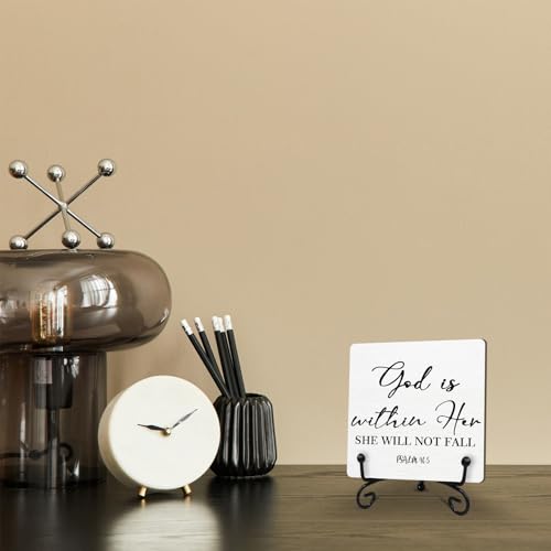 Christian Gifts, God is within Her Psalm 46 : 5 Wooden Plaque Sign with Bible Verse, Bible Verse Wood Sign Religious Gift Desk Decorations For Office Home,Wooden Plaque With Stand 5 x 5 inch -A08