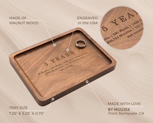 MUUJEE Ring Dish - Engraved Rectangle Wood Tray Small Jewelry Dish 5 Year Wedding Anniv Gifts Ideas (Large - 7.25" x 5.25") 5 Year Large