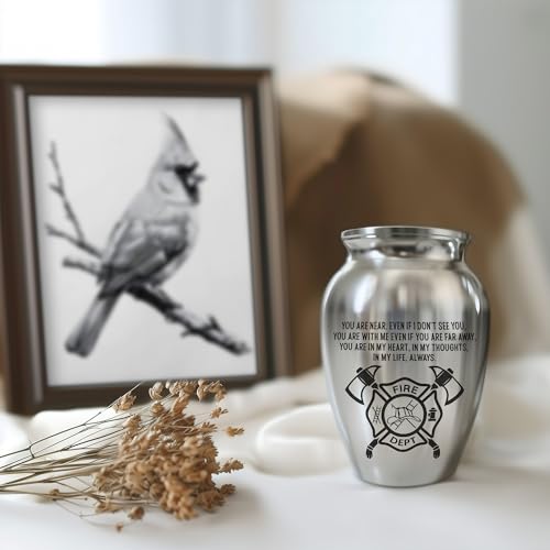 Fireman Mini Keepsake Urn, Stainless Steel Small Memorial Urn for Human Ashes, Engraved Firefighter Helmet & Axe Design, 2.56" Decorative Funeral Urn for Brave First Responders