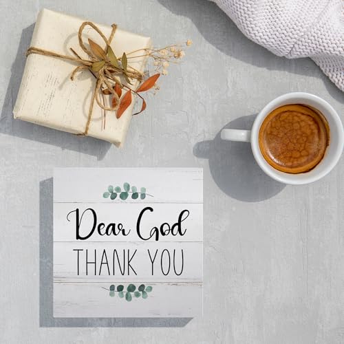 Religious Jesus Desk Decor for Living Room Shelf Table, Dear God Thank You, Wooden Sign 5x5 Inches Crimson