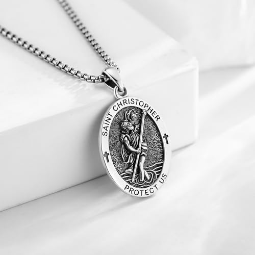 ONEFINITY Saint Christopher Necklace 925 Sterling Silver St Christopher Medal Pendant Religious Necklace Protection Jewellery Gifts for Men Women