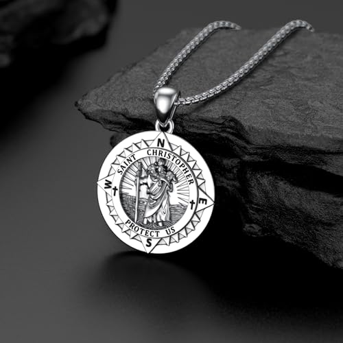 St Christopher Necklace for Men, St Christopher/Jesus Necklace 925 Sterling Silver Antiqued Religious Pendant Men Necklaces Talisman Jewellery Christening Graduation Gifts 03-St Christopher
