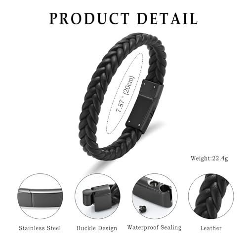 Urn Bracelet for Ashes for Woman Men Stainless Steel Mini Funeral Cuff Bangle Braided Leather Cremation Jewelry for Ashes for Dog Cat Keepsake Bangle Black-20cm