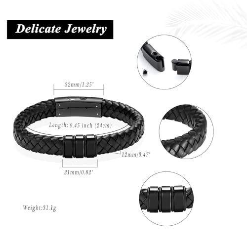 Cremation Jewelry Urn Bracelet for Ashes for Men Women Keepsake Memorial Cuff Bangle Braided Leather Wristband Bracelet for Loved One Black-24cm