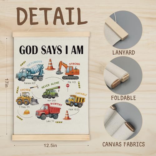 ATBWGT Christian Construction Wall Art Decor, Construction Room Decor for Boys, God Says I Am Bible Verses Poster Hanger Frame for Boys Bedroom Room Nursery Playroom, 12x16 Inch
